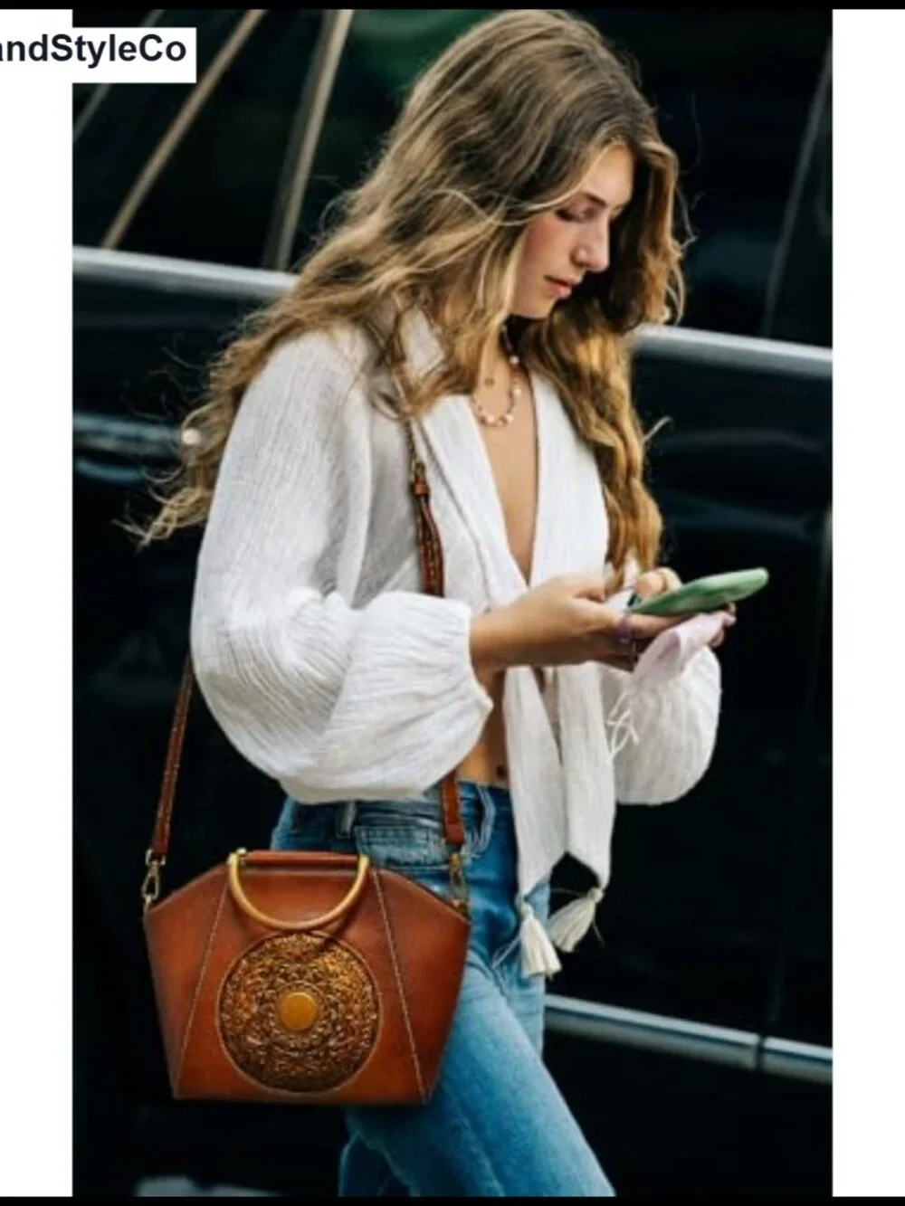 Genuine Leather Embossed Totem Satchel Handbag Crossbody Top Handle